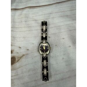 Vintage Armitron Now Women's Quartz Watch Black Enamel Rhinestone Bracelet Japan